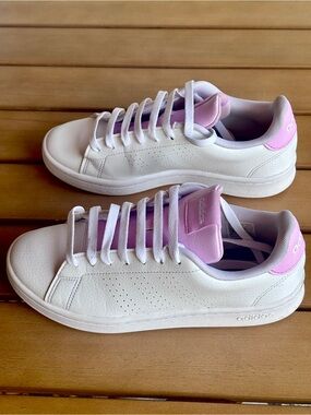 Adidas Women’s Advantage White Sneakers with Pink Accents